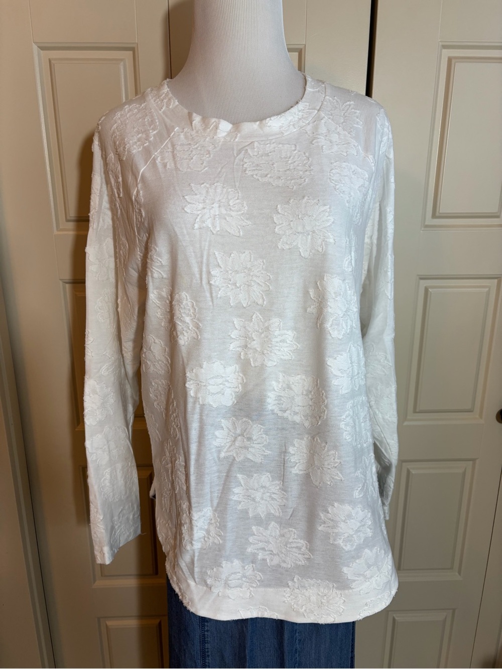 Loft White Textured Floral Long-Sleeve Top, small, oversized